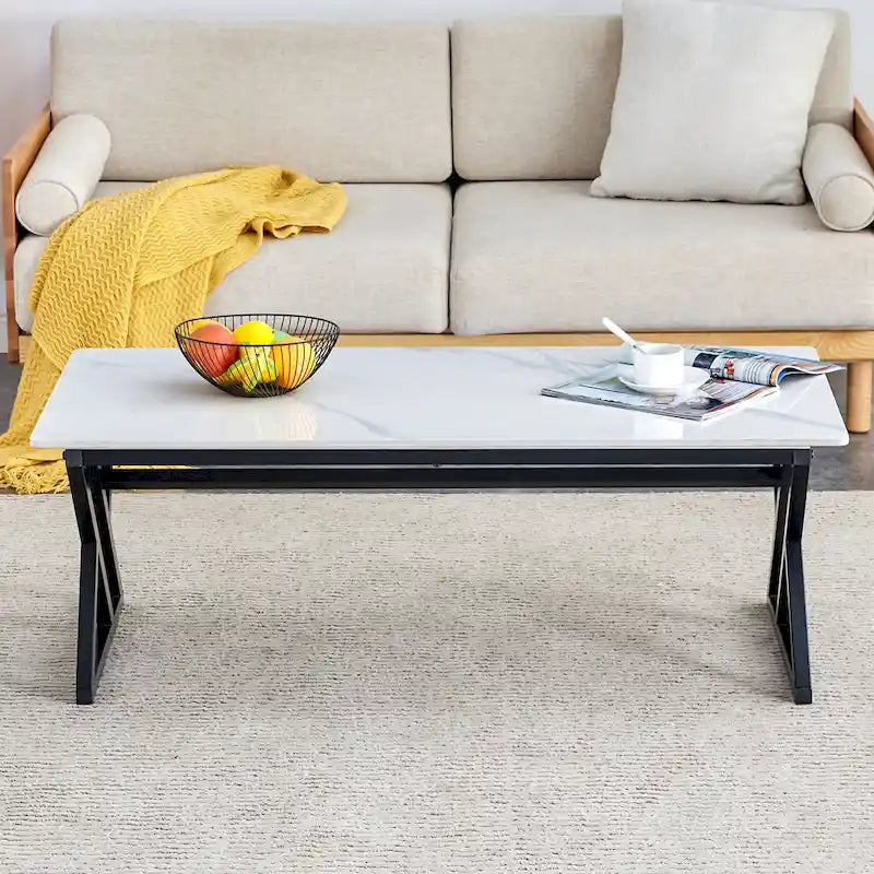 Modern Minimalist Style Marble Patterned Coffee Table With Black Metal Legs, Game Table, Tea Table
