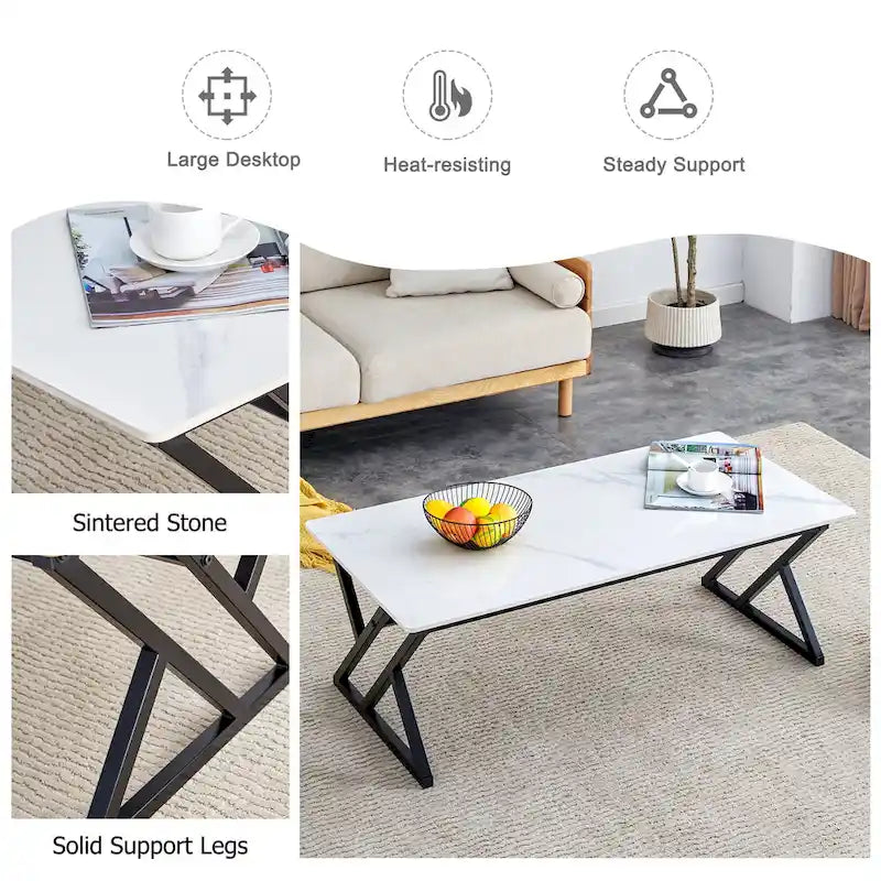 Modern Minimalist Style Marble Patterned Coffee Table With Black Metal Legs, Game Table, Tea Table