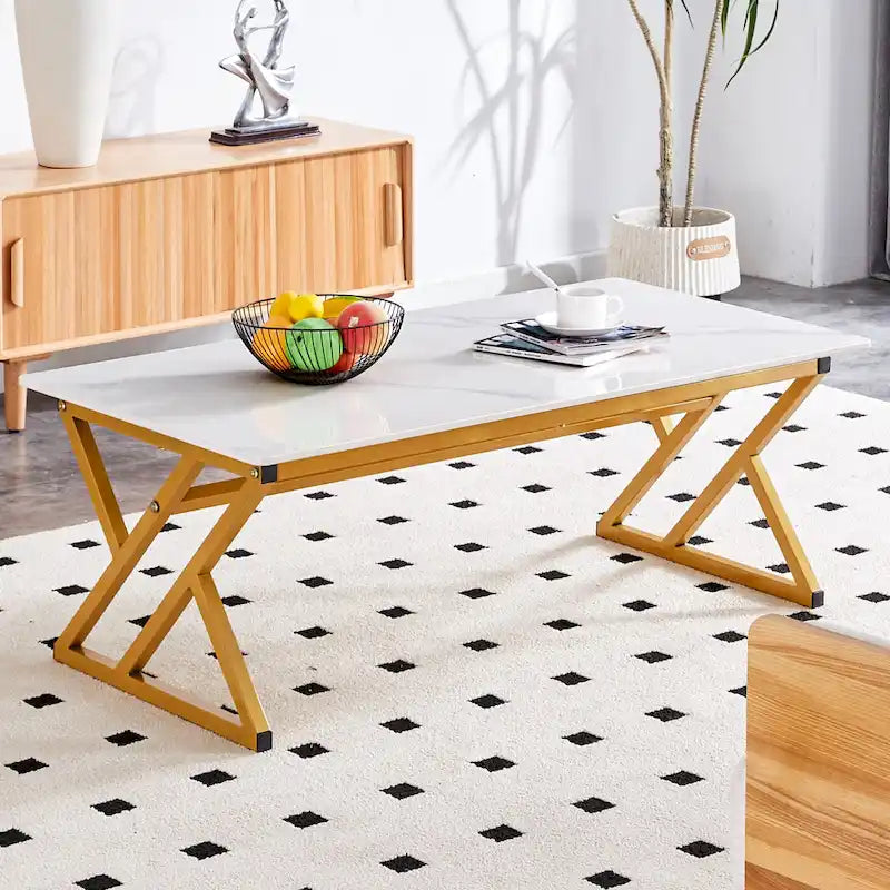 Modern Minimalist Style Marble Patterned Coffee Table With Black Metal Legs, Game Table, Tea Table