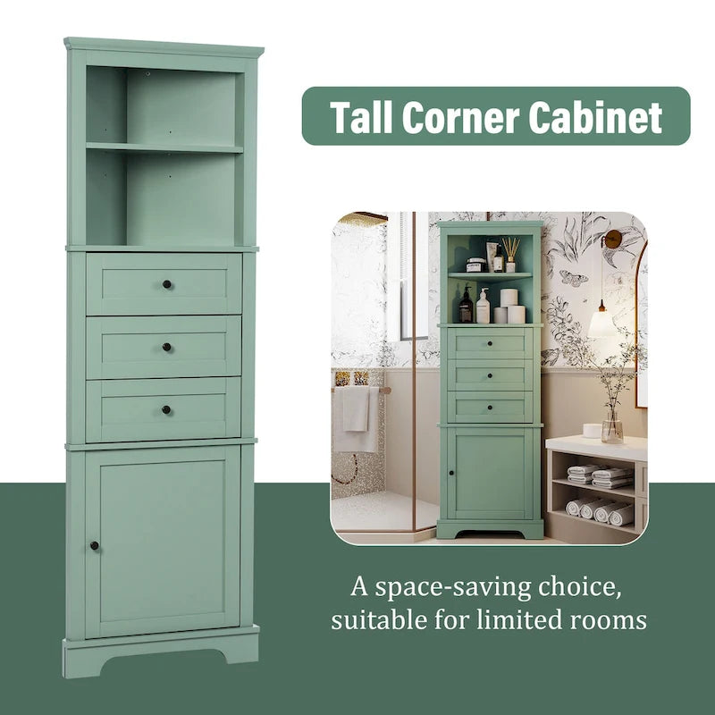 Triangle Tall Cabinet with 3 Drawers and Adjustable Shelves for Bathroom, Kitchen or Living Room, MDF Board with Painted Finish