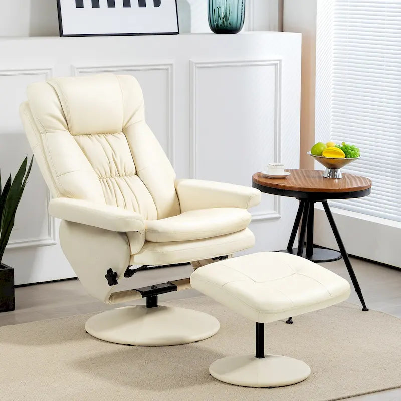 Adjustable PU Leather Lounge Chair Swivel Recliner Chair Padded High Back Armchair with Ottoman and Wood Base