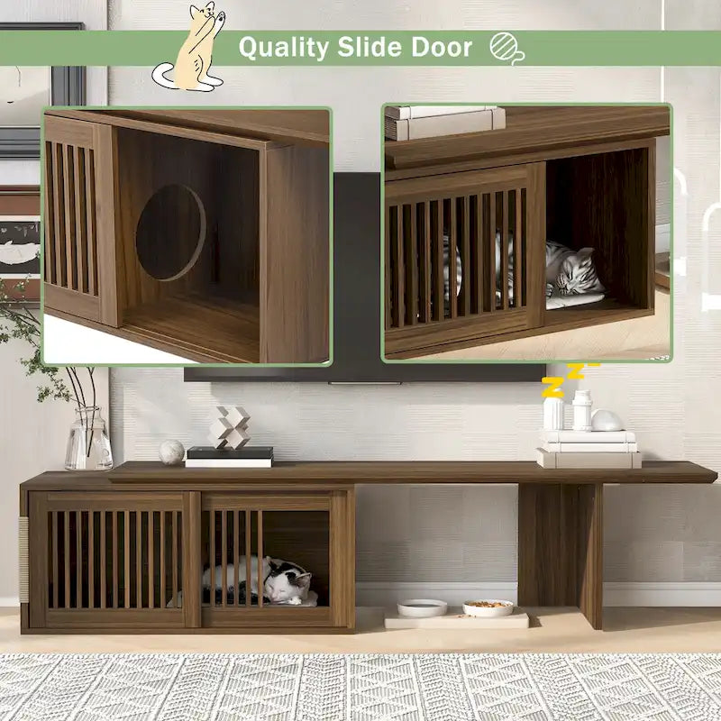 Extendable TV Stand with Cat Cushion,Modern TV Stand for TVs Up to 85, Entertainment Center with Sliding Door