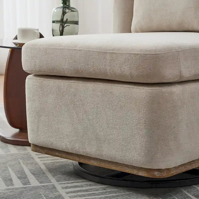 Chenille 360 Swivel Armless Chair with Metal Base, High-Density Foam Cushion, and Included Pillow