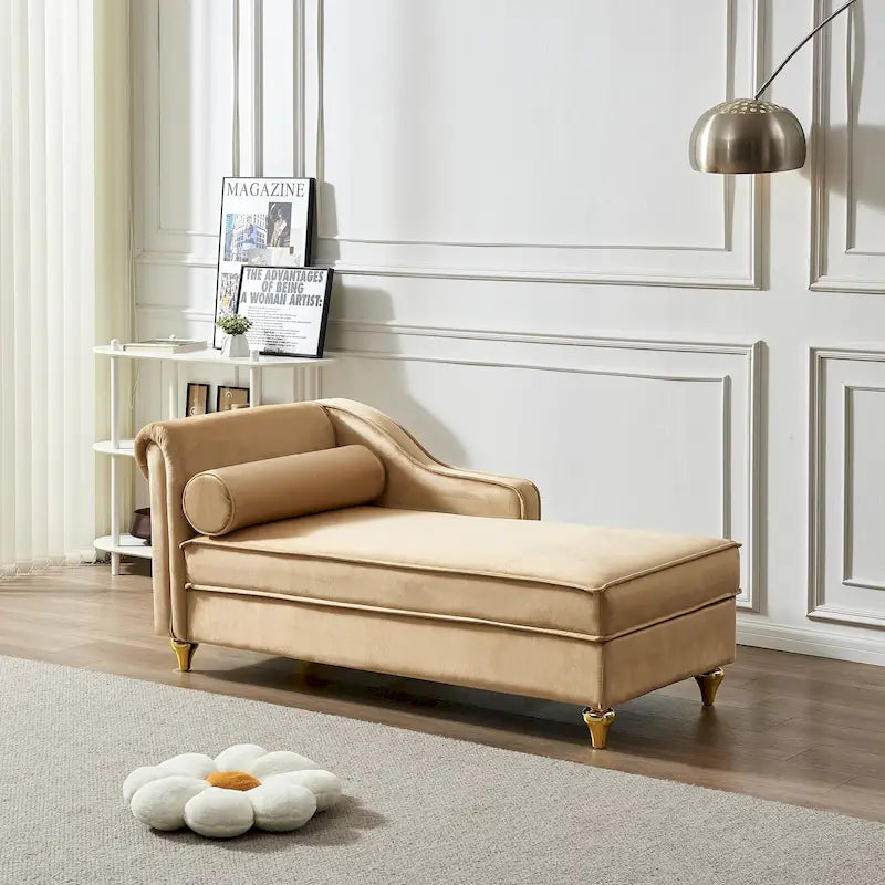 Khaki Modern 60.6 Velvet Upholstered Chaise Lounge Chair with Metal Legs and Storage