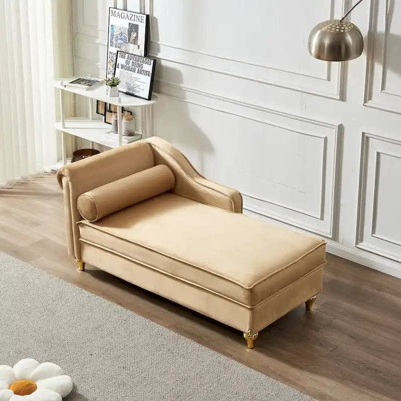 Khaki Modern 60.6 Velvet Upholstered Chaise Lounge Chair with Metal Legs and Storage