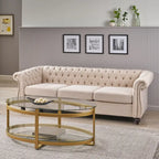 Beige tufted three-seater sofa, adorned with rivets