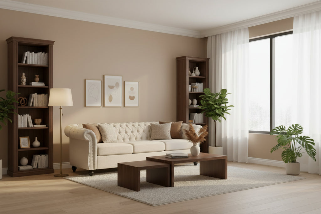 Beige tufted three-seater sofa, adorned with rivets