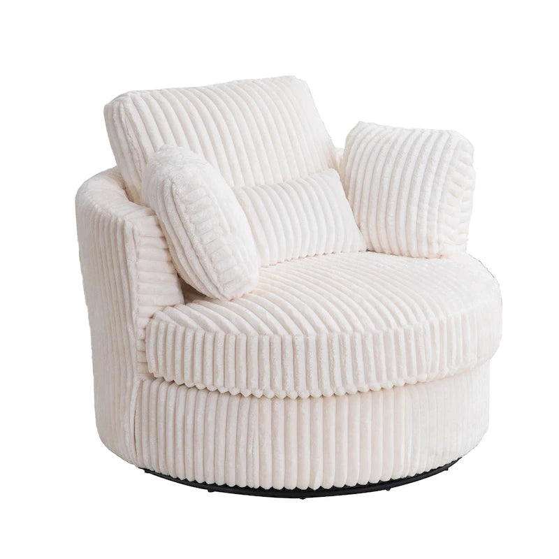 Oversized 360 Degreed Swivel Accent Chair Modern Soft Plush Corduroy Round Barrel Chair for Living Room Bedroom with Pillows