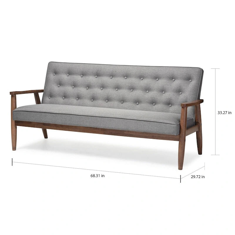 Sorrento Mid-century Retro Modern Grey Fabric Upholstered Wooden 3-seater Sofa