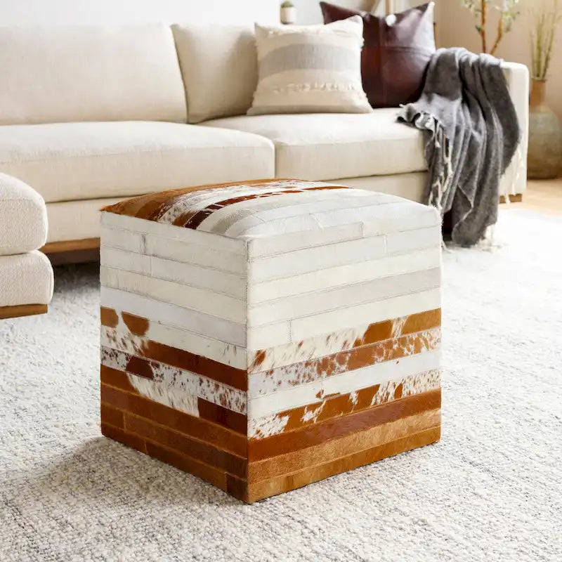 Cattle Range Leather Cowhide Cube Pouf Ottoman