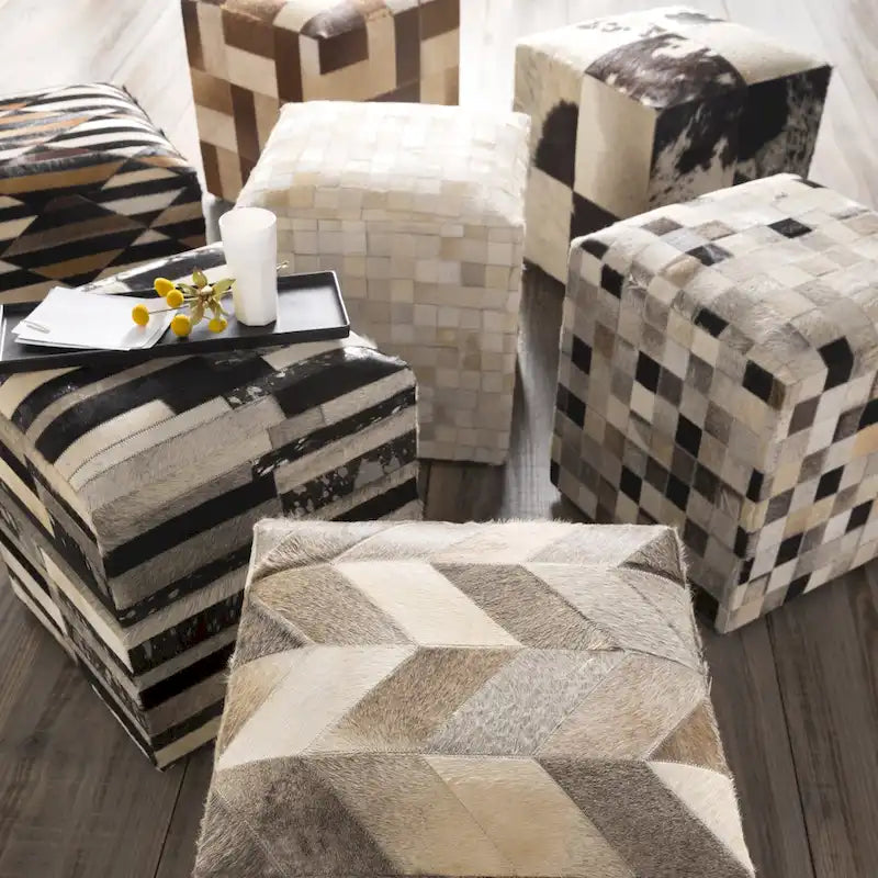 Cattle Range Leather Cowhide Cube Pouf Ottoman