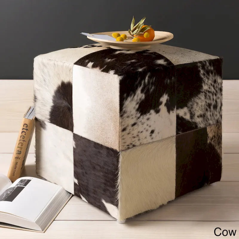Cattle Range Leather Cowhide Cube Pouf Ottoman