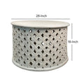 Cato 28 Inch Artisanal Round Mango Wood Coffee Table, Intricate Diamond Lattice Cut Out Frame, Washed White