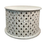 Cato 28 Inch Artisanal Round Mango Wood Coffee Table, Intricate Diamond Lattice Cut Out Frame, Washed White