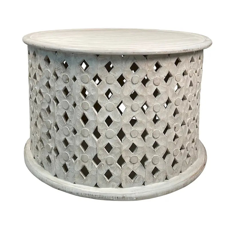 Cato 28 Inch Artisanal Round Mango Wood Coffee Table, Intricate Diamond Lattice Cut Out Frame, Washed White
