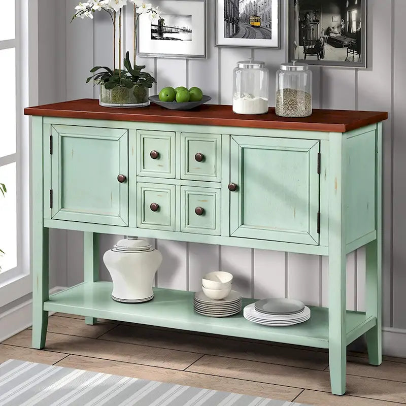 Multi-Color Retro Console Table with Drawers & Cabinets