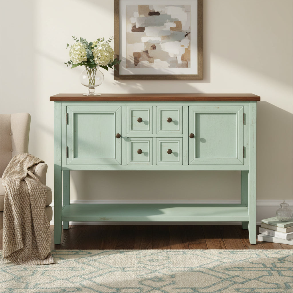 Multi-Color Retro Console Table with Drawers & Cabinets