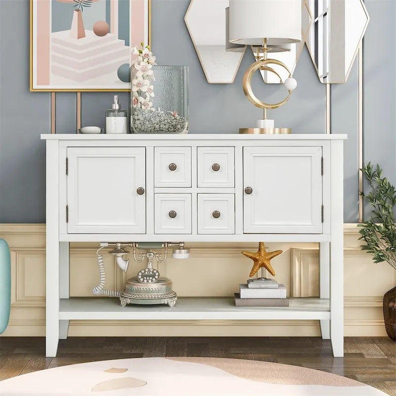 Multi-Color Retro Console Table with Drawers & Cabinets