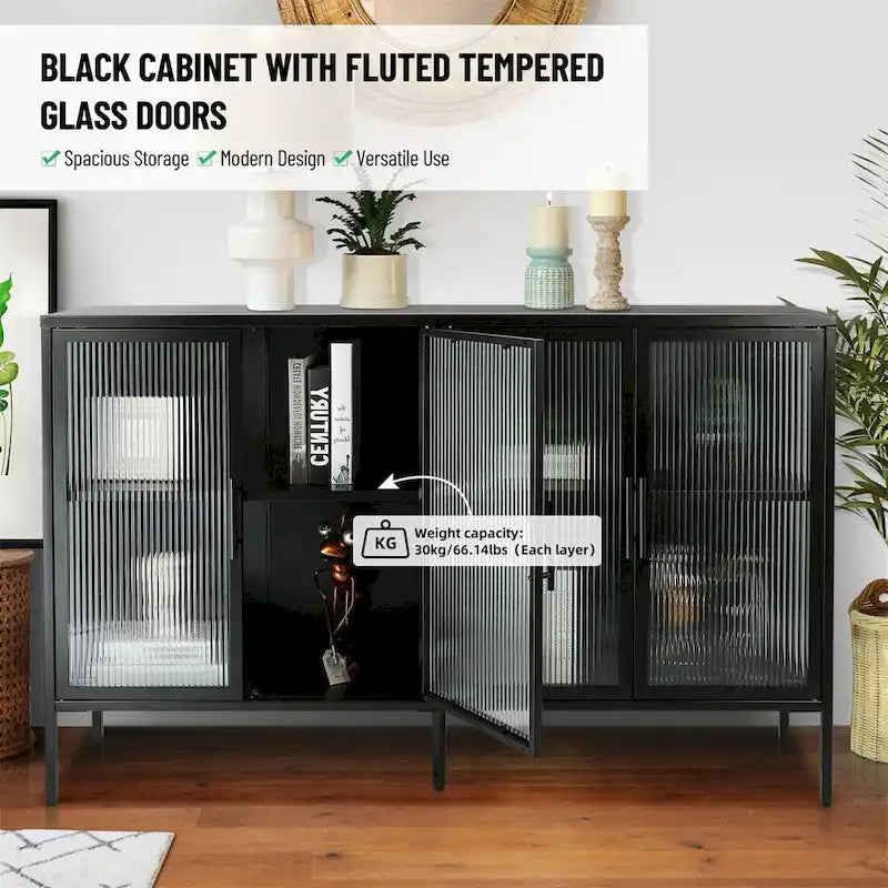 Stylish 4-Door Tempered Glass Cabinet w/4 Glass Doors Adjustable Shelf