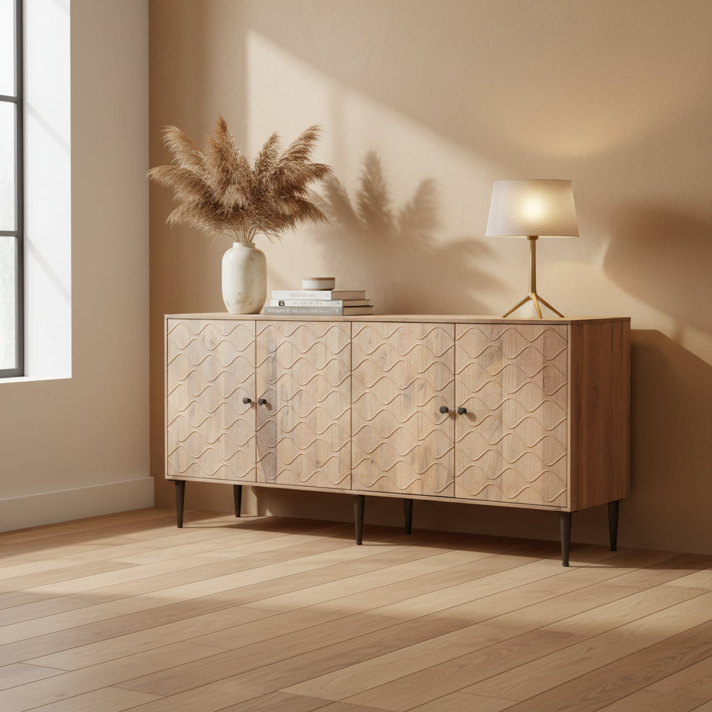 Caden Wave Pattern Wood 4-Door Sideboard
