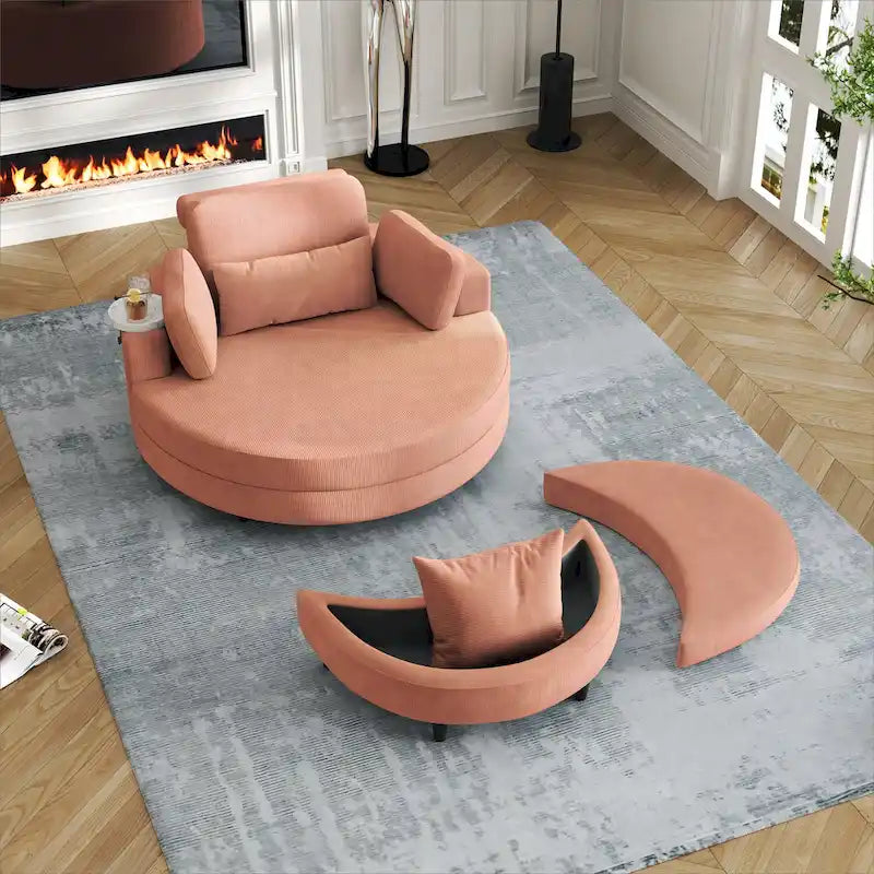 Corduroy Sofa Chair with Ottoman, 2 Throw Pillows and 1 Waist Pillow